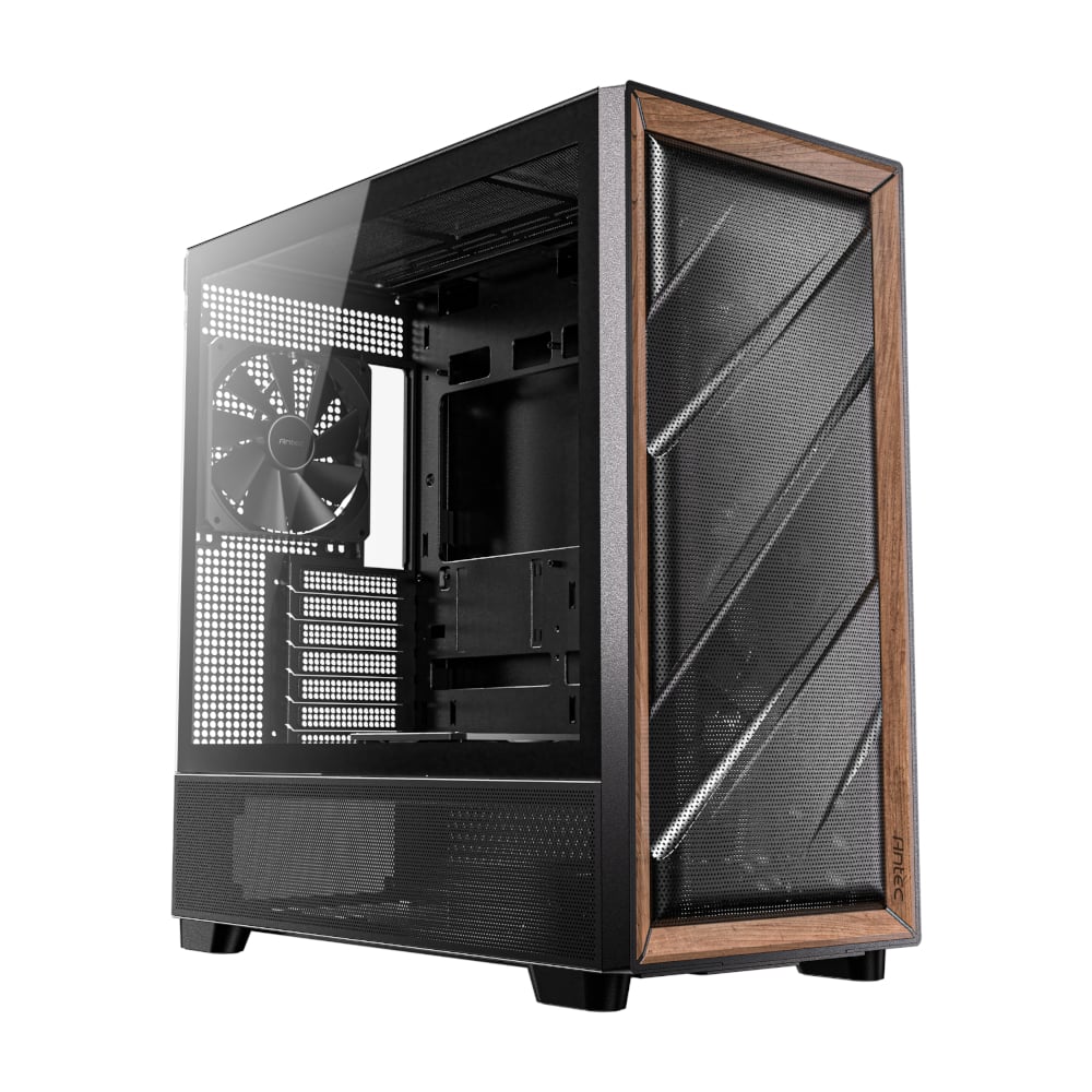 101120256911ea38ad71a.jpeg Antec FLUX ATX WOOD Mid Tower Gaming Chassis – Black - Image 1